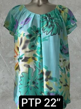 $10 Add-on ✅Aqua Floral Pleated Short-Sleeve Top